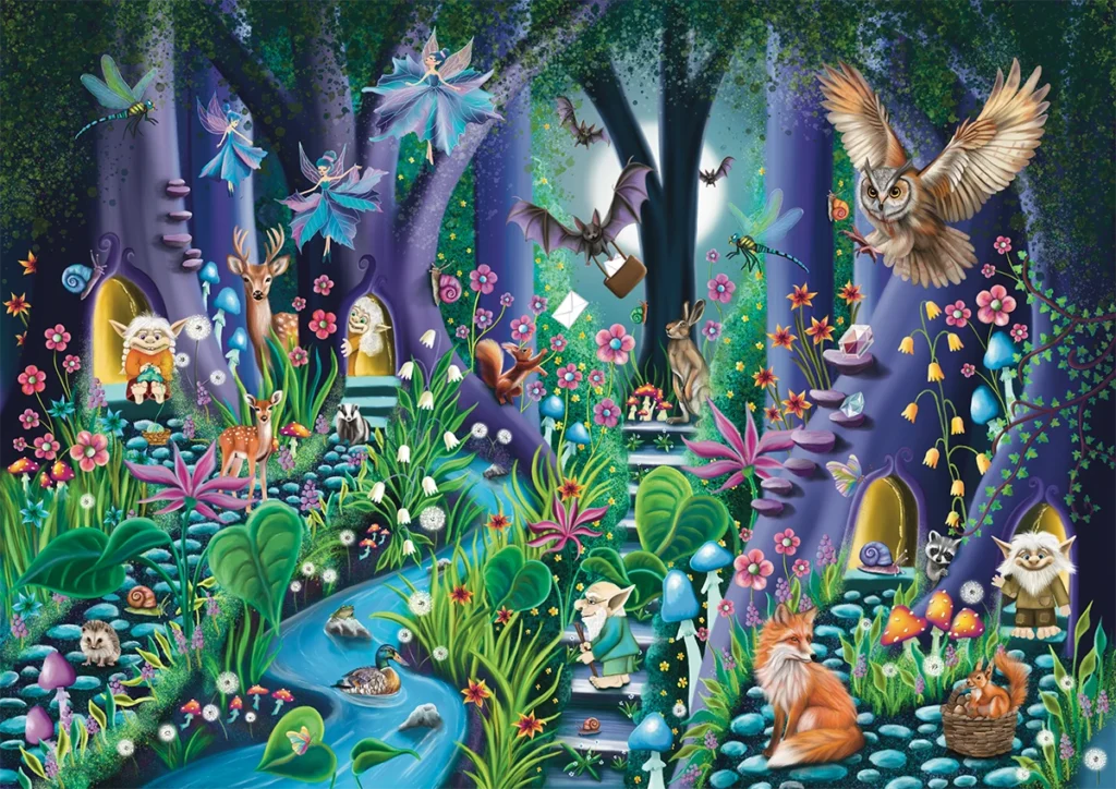 Farbige Fantasiewald-Illustration mit vielen Figuren und märchenhaften Details von Yvonne Stöckemann-Paare