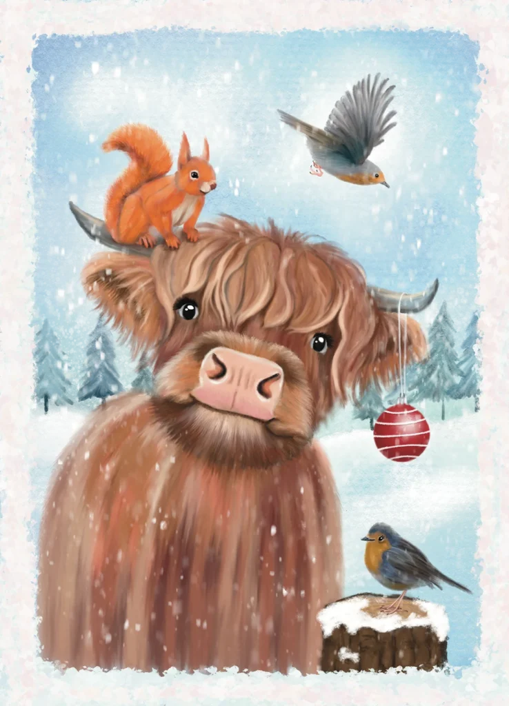 Illustration eines Highland-Rinds im Winter von Yvonne Stöckemann-Paare