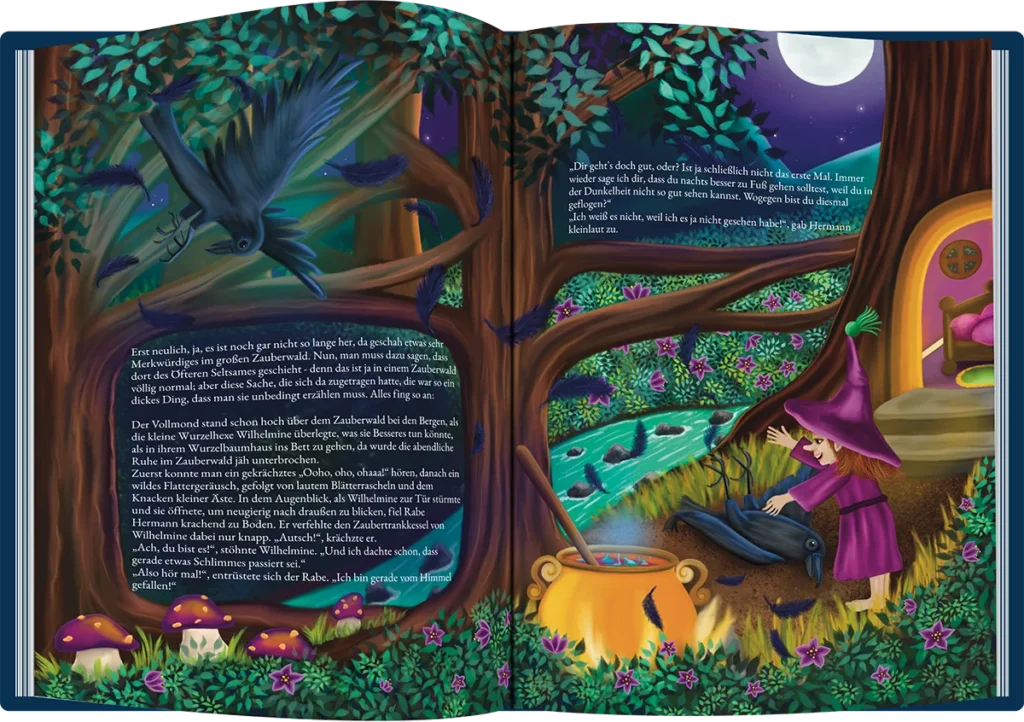Kinderbuch-Doppelseite mit Wurzelhexe Wilhelmine und einem Raben im nächtlichen Wald