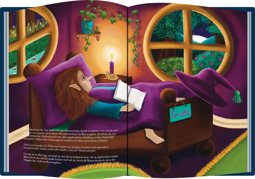 Kinderbuch-Doppelseite mit Wurzelhexe Wilhelmine im Bett bei Kerzenlicht