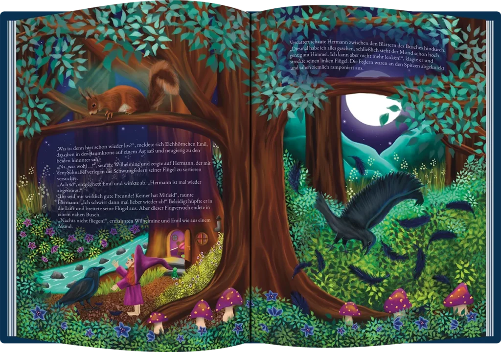 Kinderbuchdoppelseit mit Wurzelhexe Wilhelmine, Raben und Eichhörnchen im Wald.