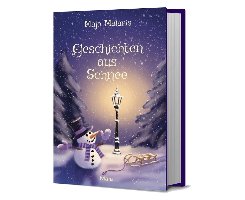 Kinderbuchcover "Geschichten aus Schnee" mit Schneemann und Laterne in verschneiter Winterlandschaft.