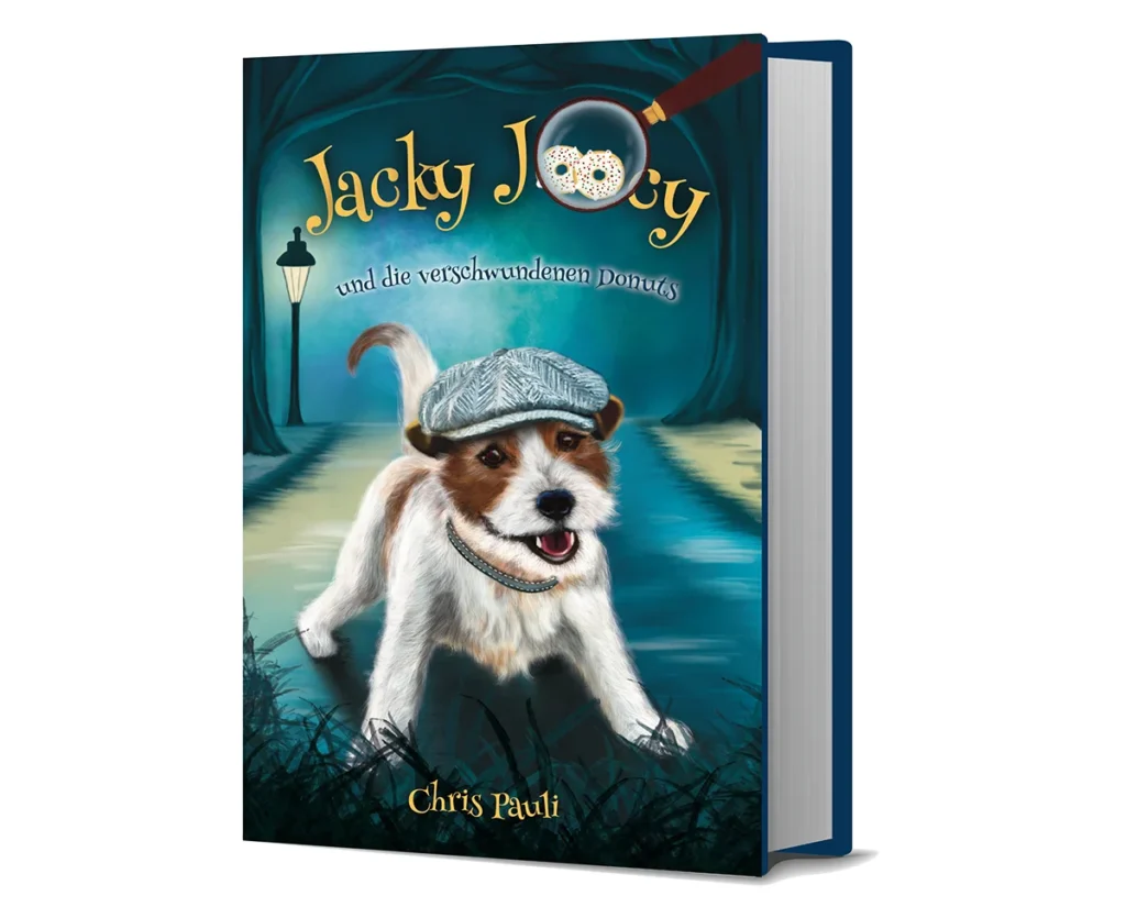 Kinderbuchcover Jacky Joocy und die verschwundenen Donuts mit einem Hund als Detektiv