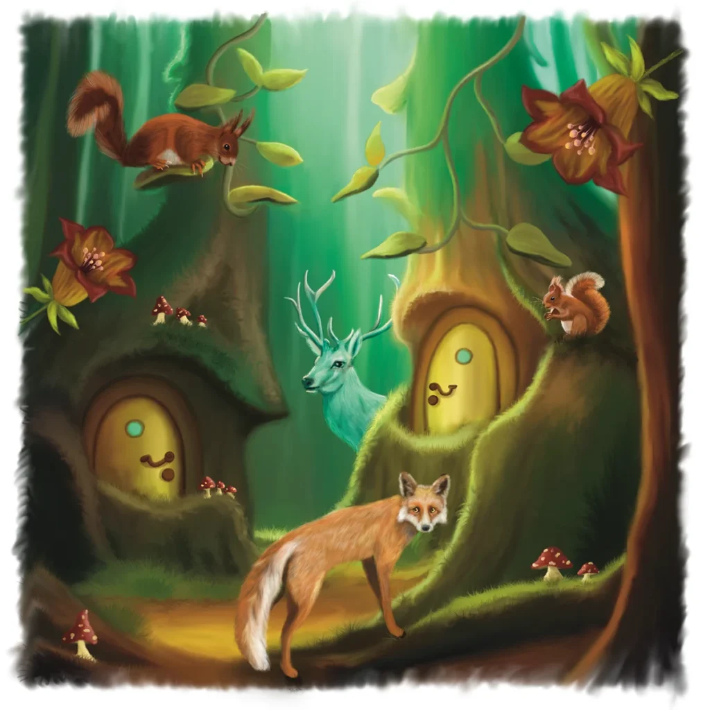 Kinderbuchillustration aus "Der weiße Hirsch" mit weißem Hirsch, Fuchs und Eichhörnchen im Wald.