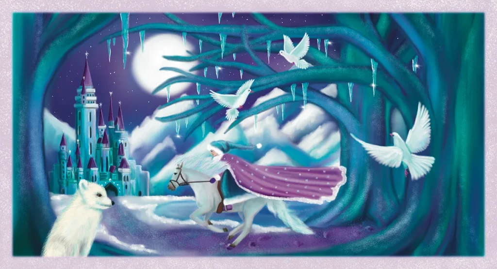 Märchenhafte Winterlandschaft mit Schloss, Tieren und verschneitem Wald