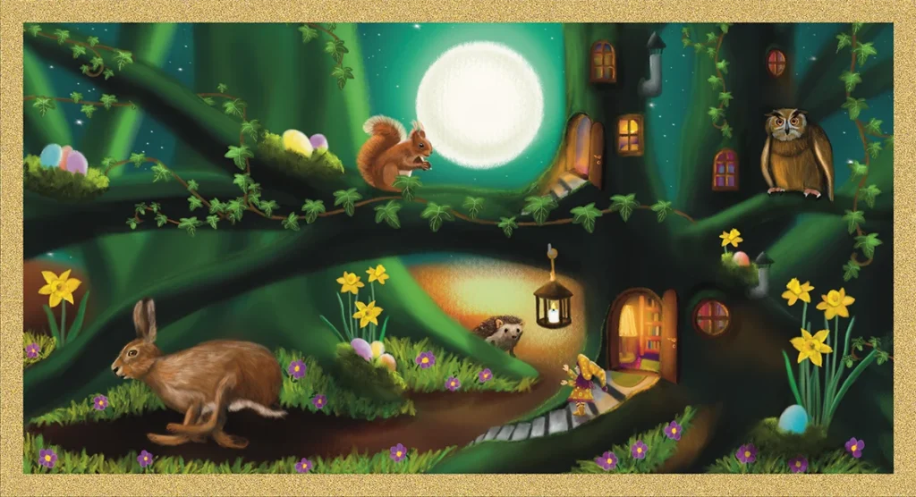 Illustrierte Osterkarte mit Hase, Eichhörnchen, Eule und Igel im nächtlichen Wald