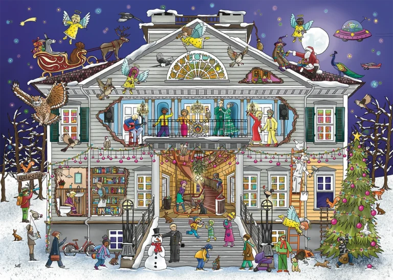 Illustration aus dem Osteroder Wimmelbuch mit der winterlichen Schachtruppvilla in Osterode am Harz