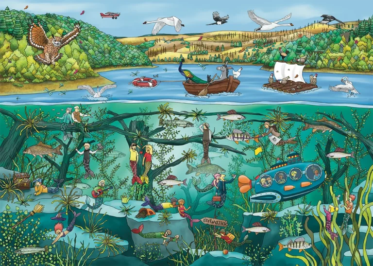 Illustration aus dem Osteroder Wimmelbuch mit Sösestausee über und unter Wasser.