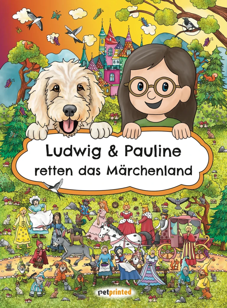 Cover des individualisierbaren PetPrinted-Wimmelbuchs mit Kind und Hund im Märchenland