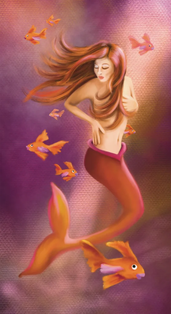 Rothaarige Meerjungfrau mit roter Flosse, umgeben von Fischen - Illustration von Yvonne Stöckemann-Paare