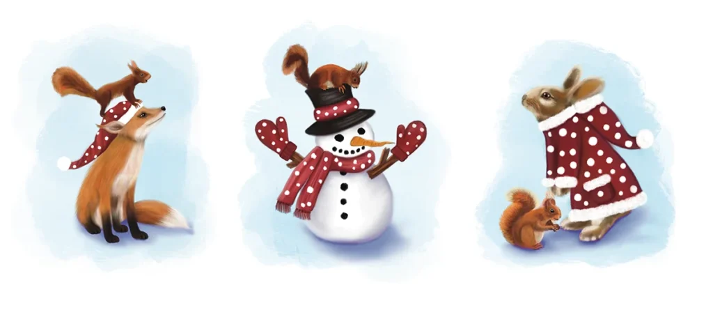 Tierillustrationen mit Fuchs, Hase, Eichhörnchen und Schneemann von Yvonne Stöckemann-Paare