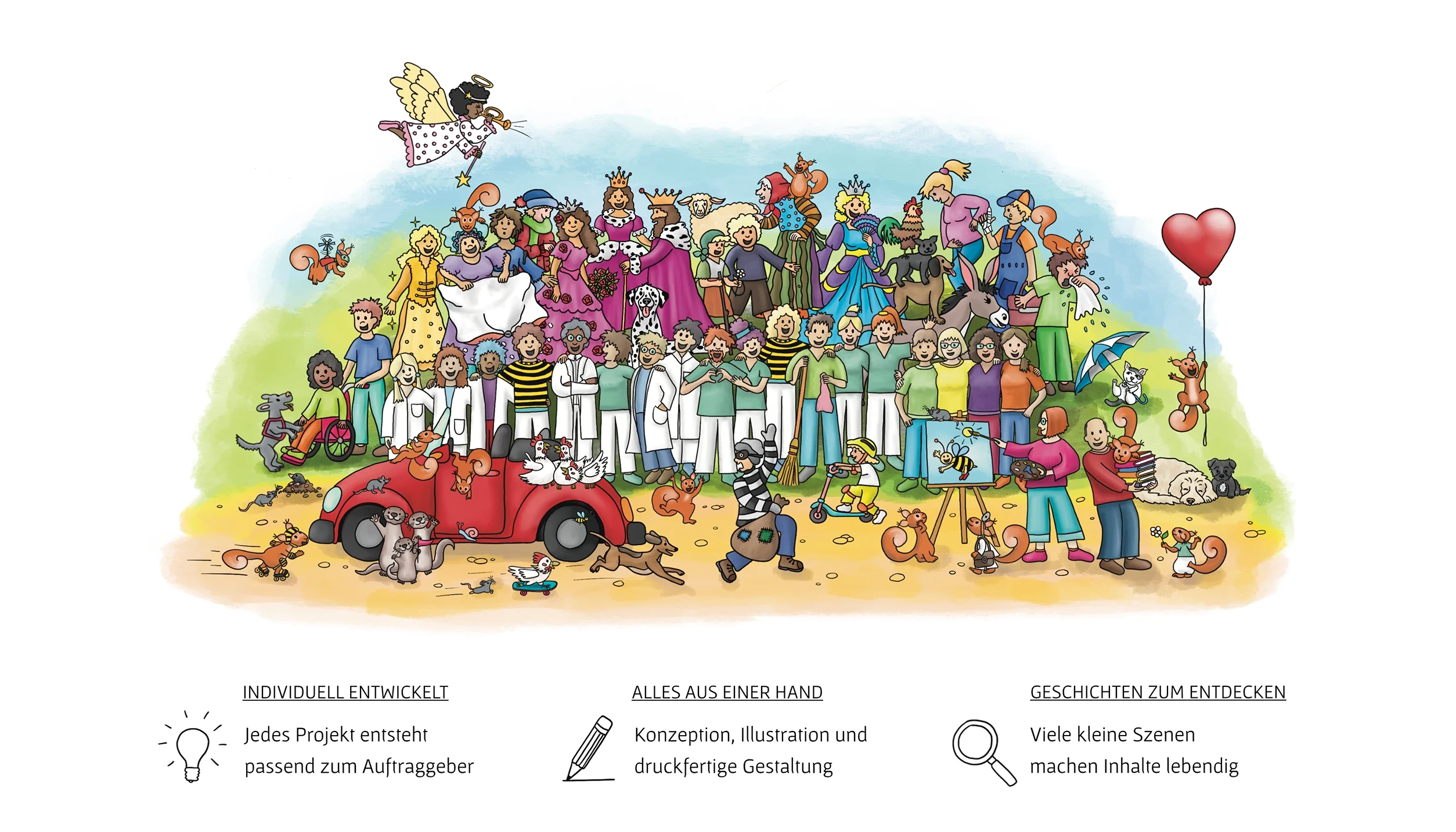 Illustration von Yvonne Stöckemann-Paare mit Figuren aus verschiedenen Wimmelbuch-Projekten für Unternehmen, Städte, Verlage und Institutionen.