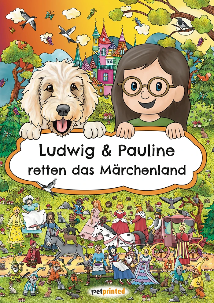 Cover des individualisierbaren Wimmelbuchs Märchenland mit Kind und Hund für PetPrinted von Yvonne Stöckemann-Paare