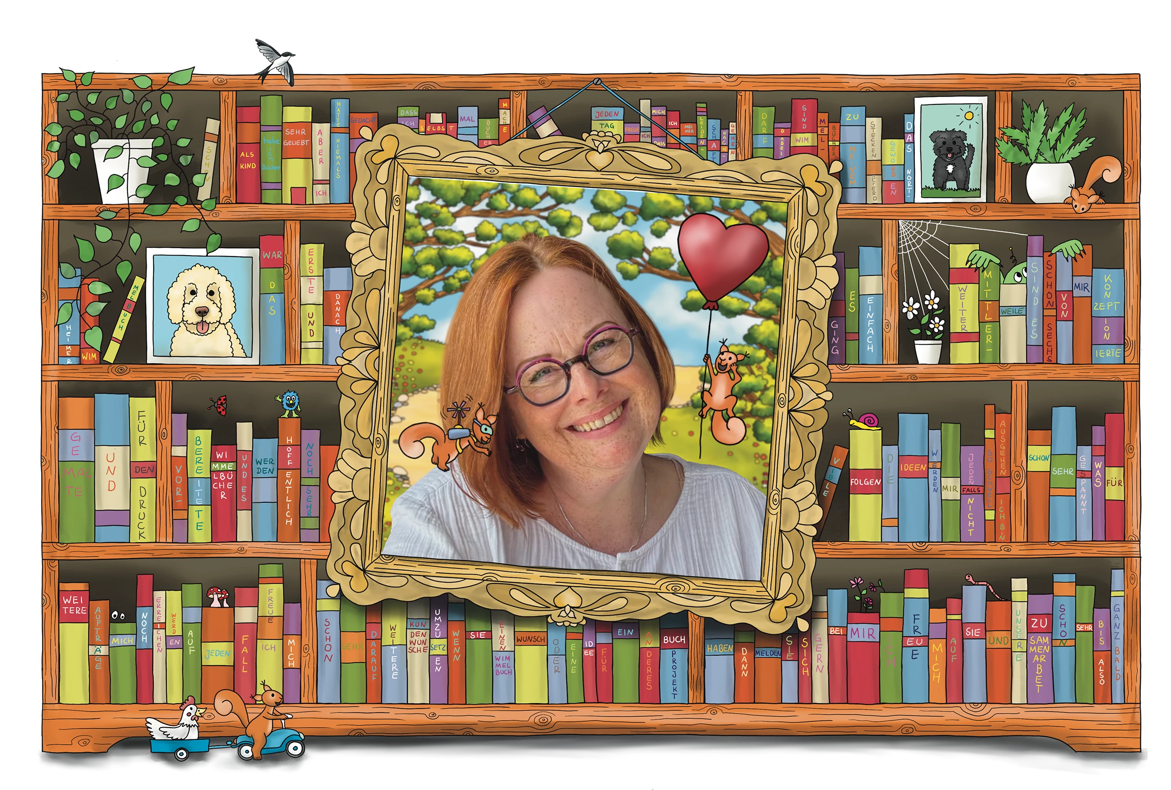 Yvonne Stöckemann-Paare, Illustratorin, Autorin und Grafikdesignerin vor einem illustrierten Bücherregal.